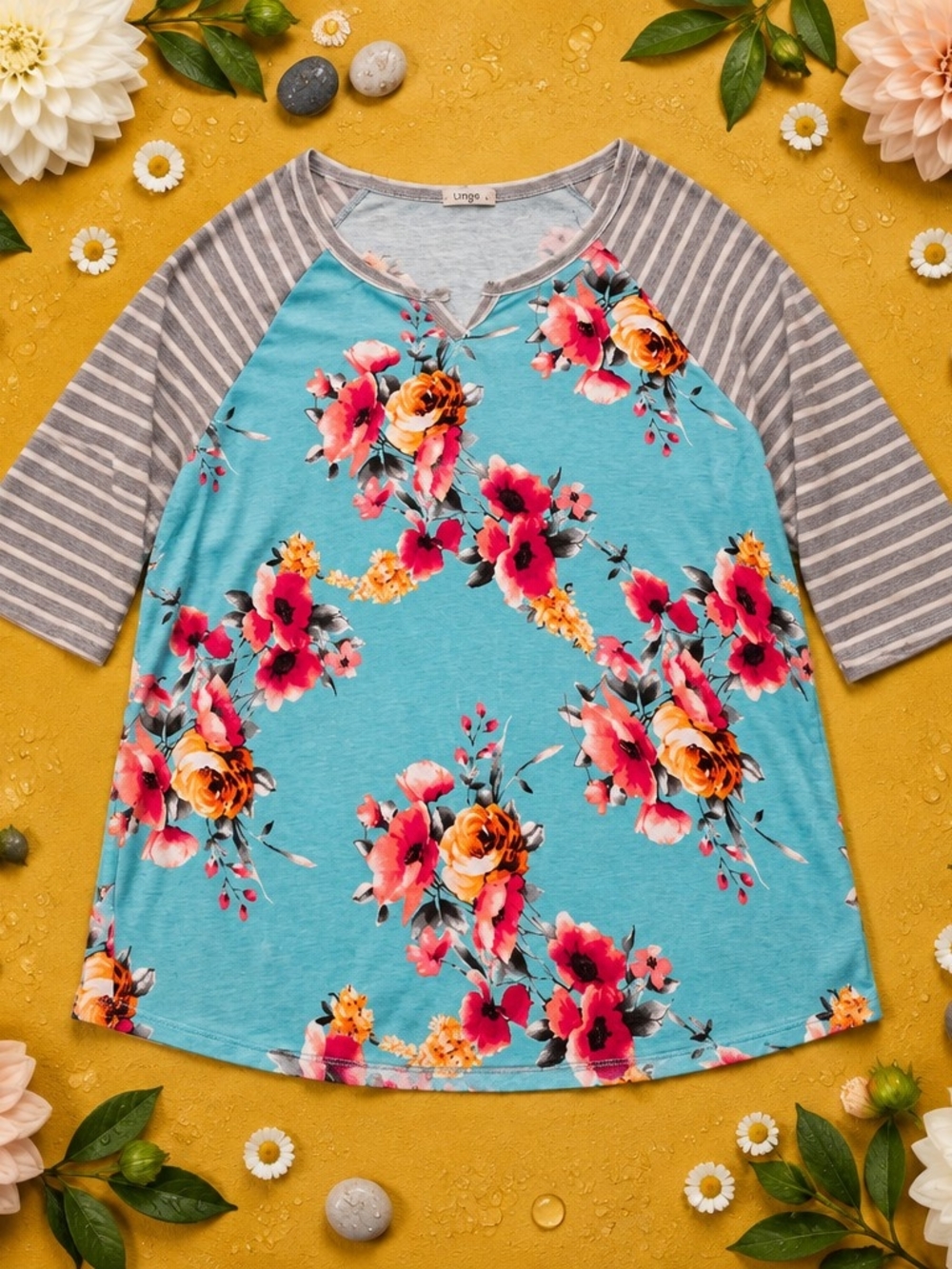 Turquoise Floral Raglan Top with Gray Stripe Sleeves-2X- NWOT